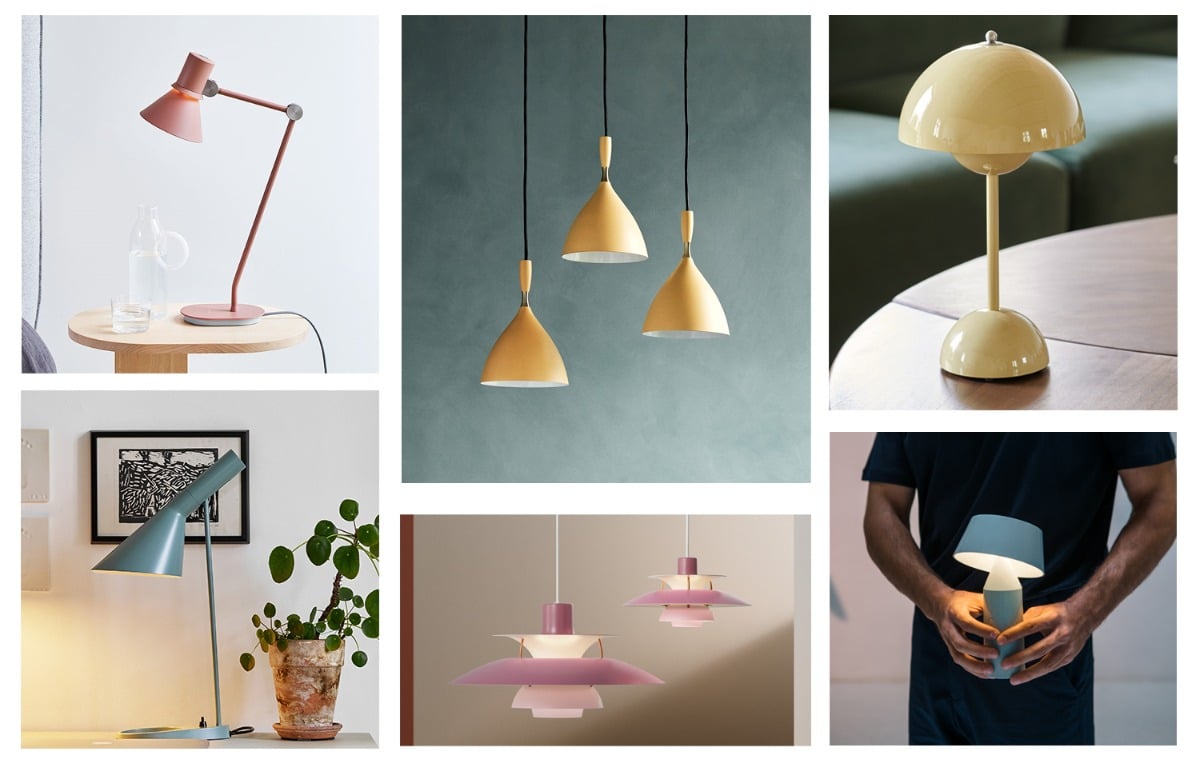 Pastel colour pendant lights, table lamp and floor lamps