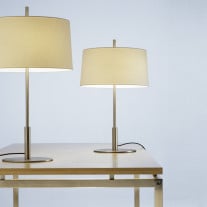 Santa & Cole Diana Menor & Diana Table Lamp Satin Nickel Structure/White Linen Shade