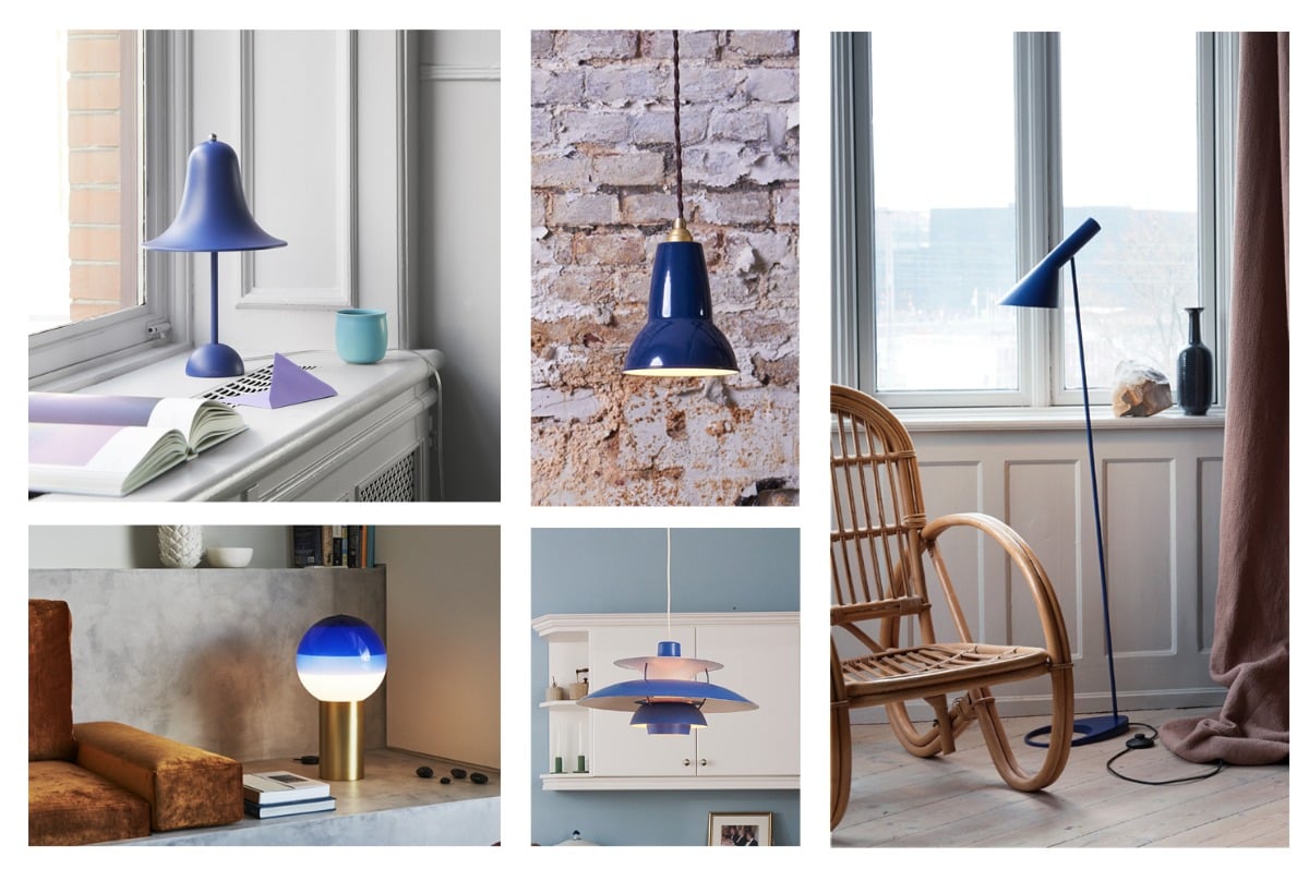 Bold blue table lamps, floor lamps and pendant light