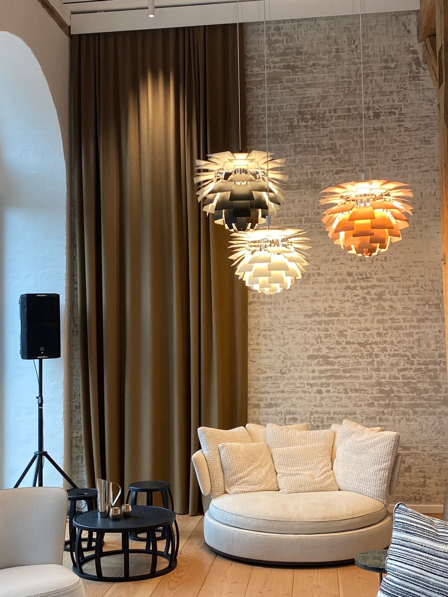 Louis Poulsen PH Artichoke pendants over sofa