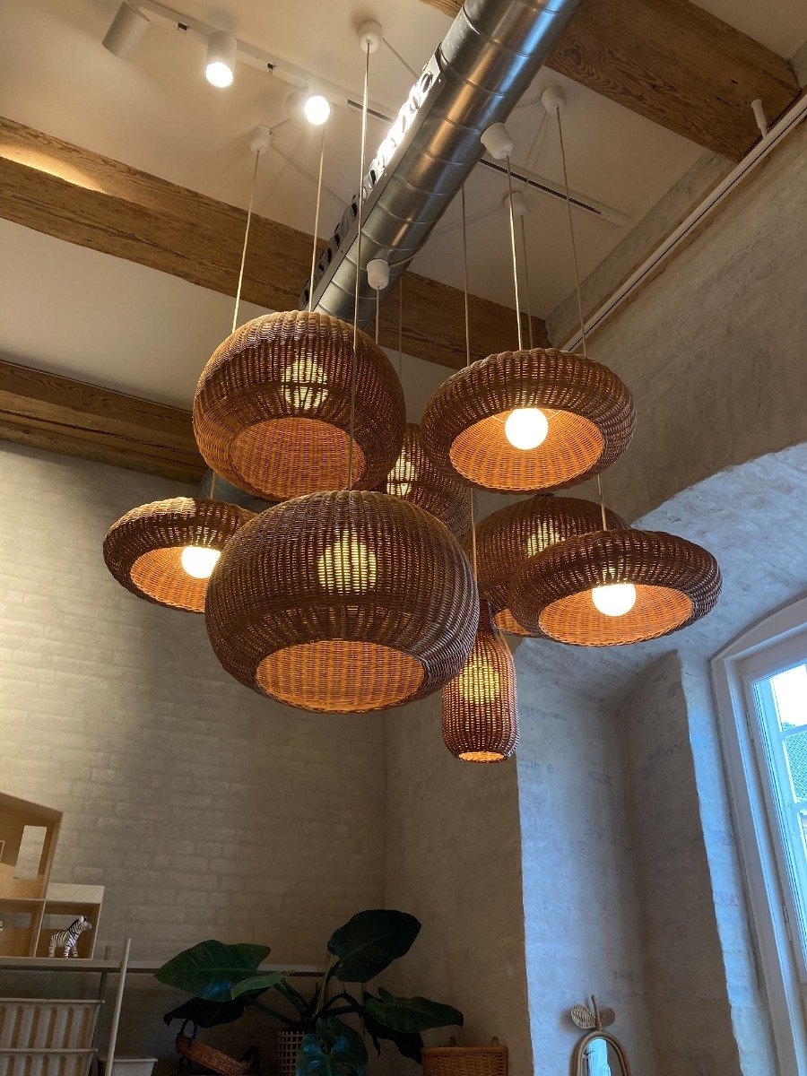 Ferm Living Wicker pendant shades clustered