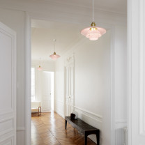Louis Poulsen PH 3½/3 Pale Rose Brass Pendant in hallway
