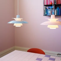 Louis Poulsen PH 5 320 Opal Pendant- Blue and Pink Above Table