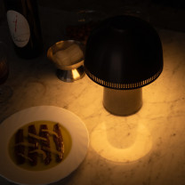 &Tradition Raku LED Portable Lamp Blue Green & Brass in Restaurant