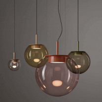Multiple Sizes of Brokis Orbis LED Pendant Lights in Amber and Brown