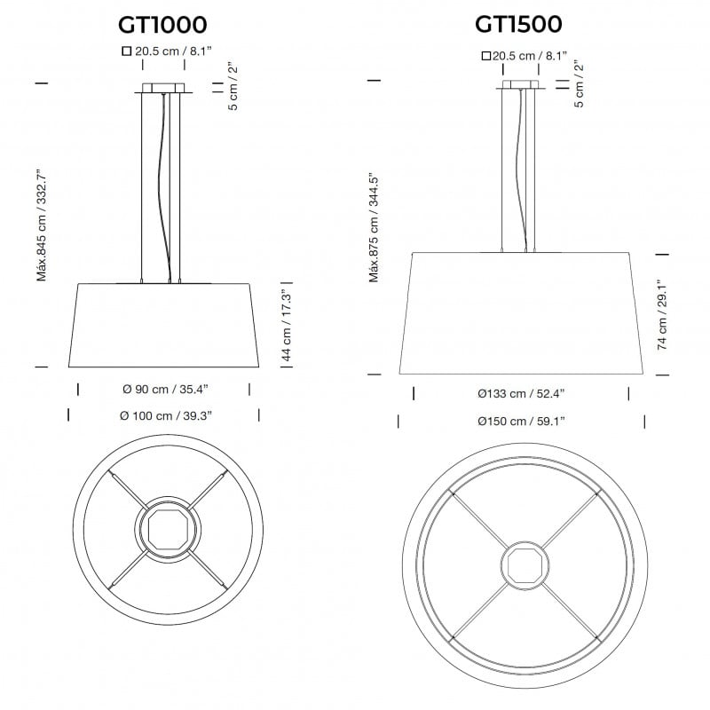 Specification image for Santa & Cole GT1000/GT1500 LED Suspension