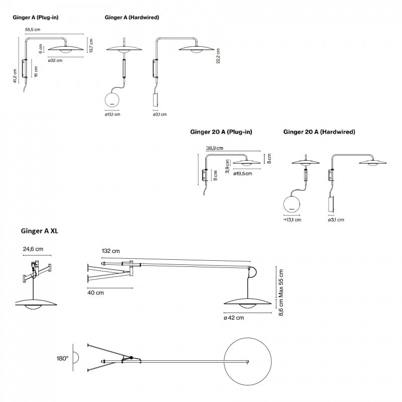 Specification image for Marset Ginger A LED Wall Lamp