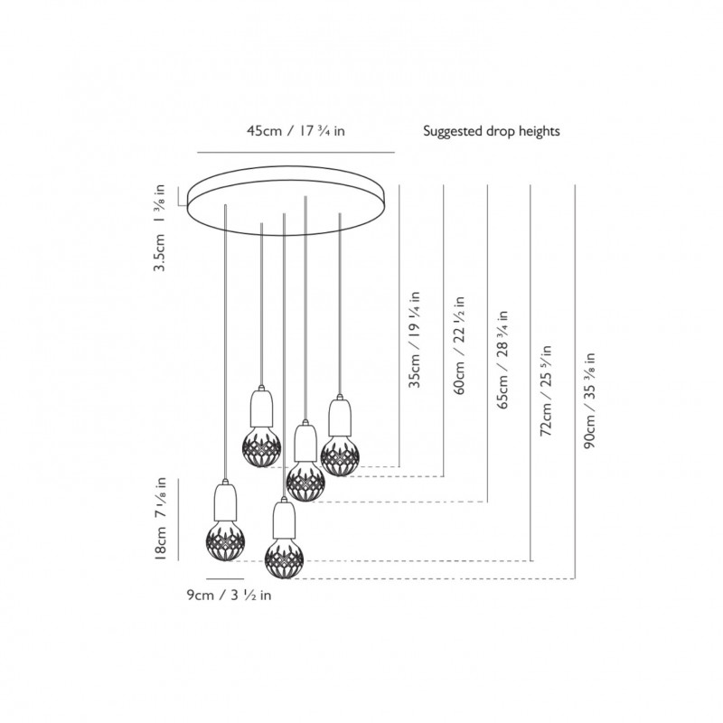 Specification image for Crystal Bulb 5 Piece Chandelier