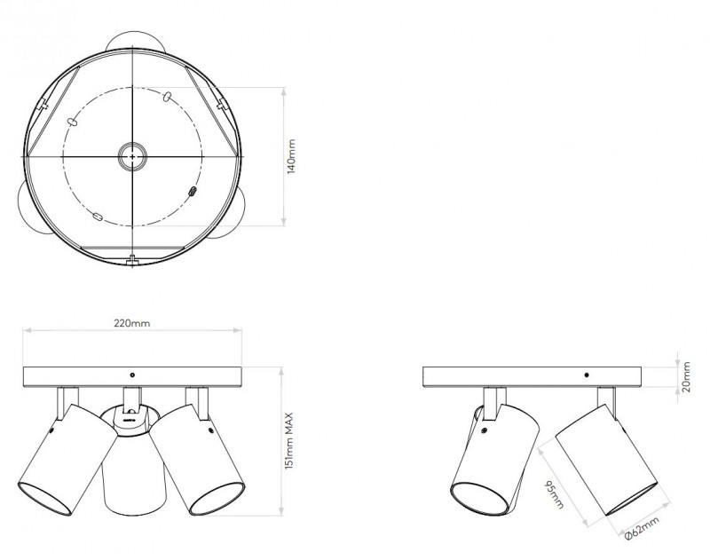 Specification image for Astro Aqua Triple Round Wall/Ceiling Light