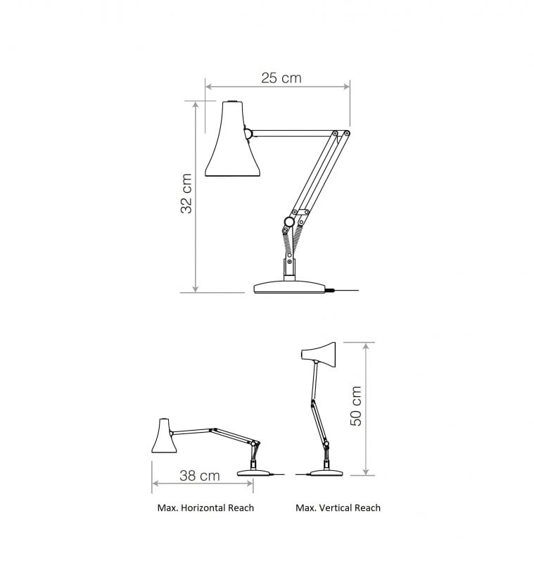 Specification image for Anglepoise Type 90 Mini Mini LED Table Lamp