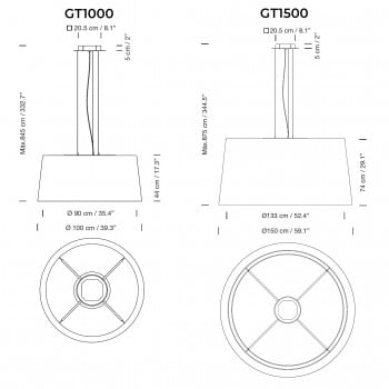 Specification image for Santa & Cole GT1000/GT1500 LED Suspension